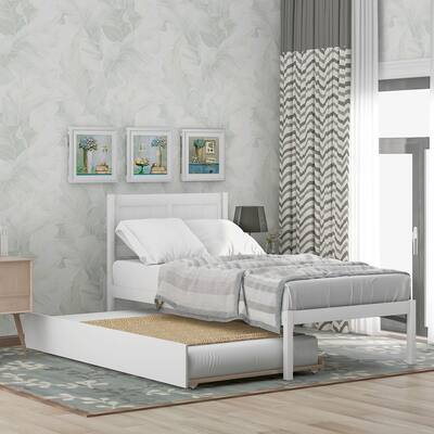 White Classic Pine Frame Platform Bed, Twin, Trundle, Reinforced Slats