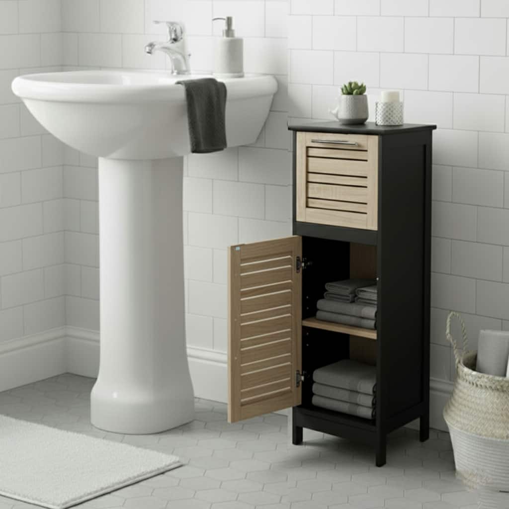 Compact Bathroom Storage Cabinet with Drawer and Vented Door, Black and Brown - Bergen Collection - 14.7"L x 11.13"W x 32.12"H