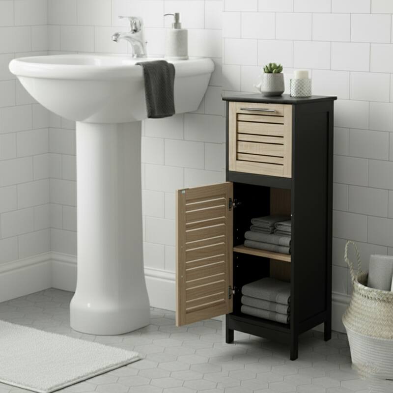 Compact Bathroom Storage Cabinet with Drawer and Vented Door, Black and Brown - Bergen Collection - 14.7"L x 11.13"W x 32.12"H