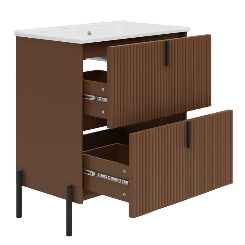 Bathroom Vanity with Ceramic Sink, Freestanding Bathroom Storage Cabinet, Fluted Bathroom Vanity with 2 Full-Extension Drawers