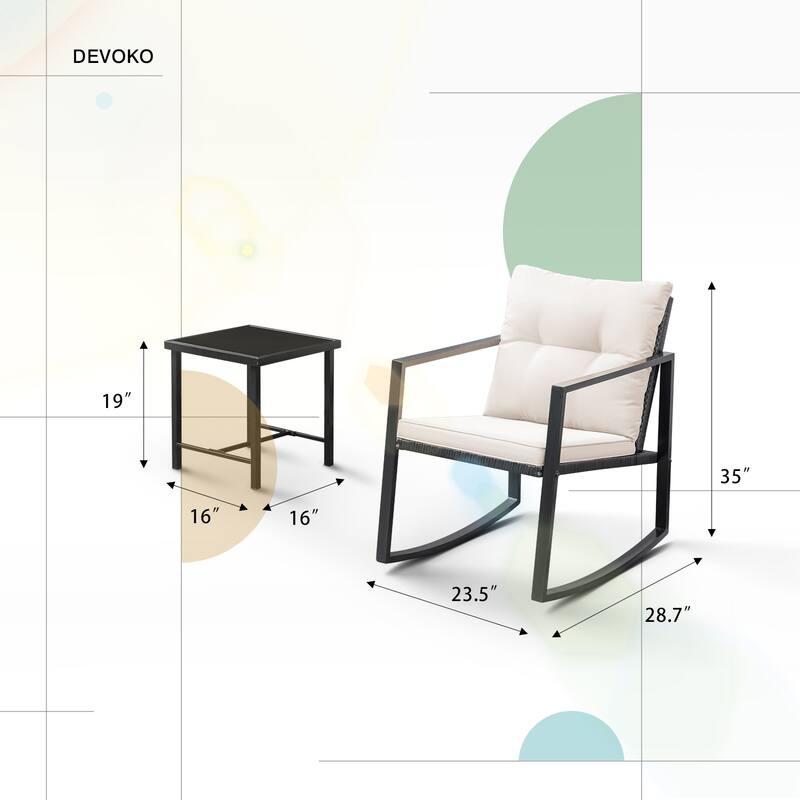 Lacoo 3 Piece Rocking Bistro Set Wicker Patio with Glass Coffee Table