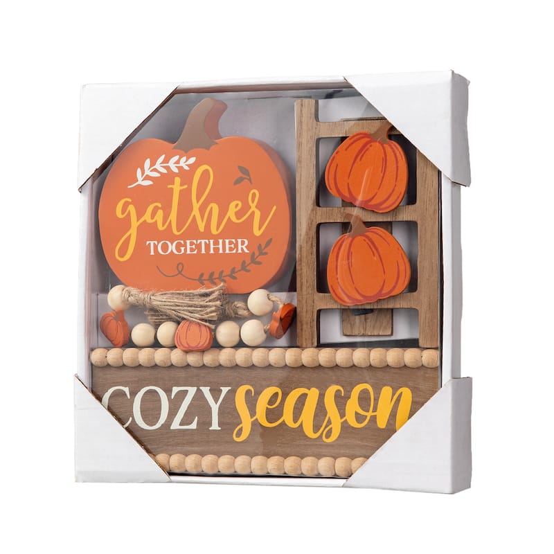 Glitzhome 10.75"W Set of 4 Fall Wooden Pumpkin Signs Table Decor