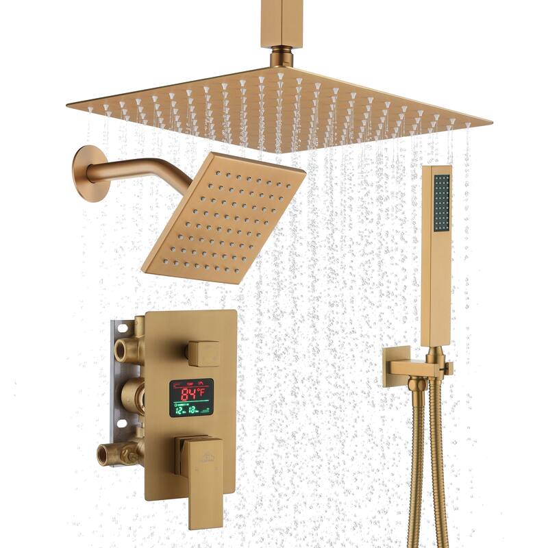 CASAINC Dual Heads 12 Inch Ceiling Mounted Square Shower Head Shower System with Handheld Shower Digital Display Shower
