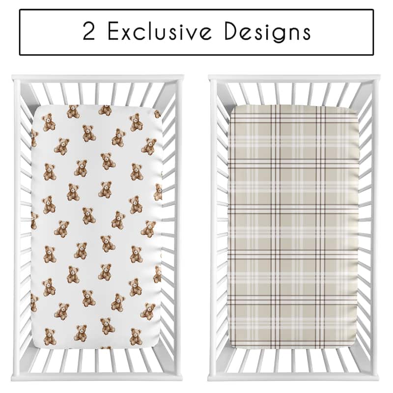 Sweet Jojo Designs Boho Teddy Bear Boy, Girl, Gender Neutral 2 Pack Fitted Crib Sheets -Taupe Plaid & Brown, Watercolor, Classic