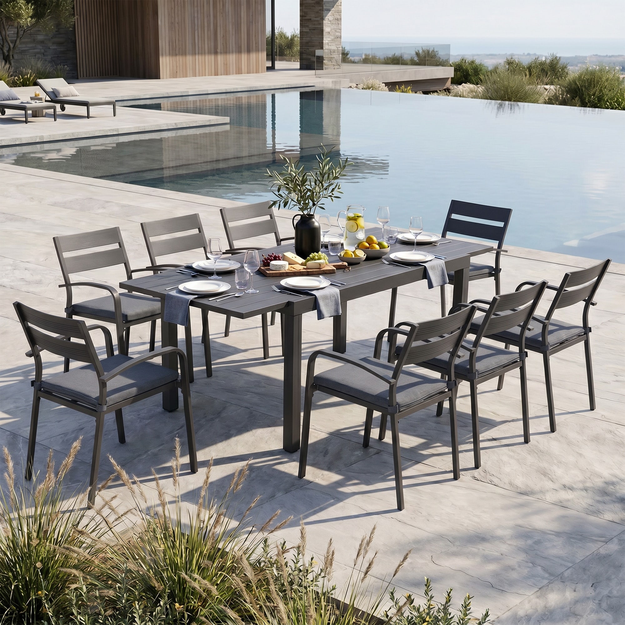 Outdoor Patio Furniture 9-piece Aluminum Dining Set Stackable Chairs and Extendable Table