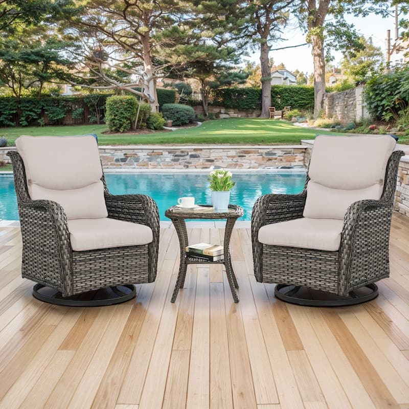 Outdoor Gliders Swivel Chairs Patio Chairs with 5-Inch Thick Cushions - Grey Rattan - Beige Cushion - 3PCS Swivel Chairs with Table