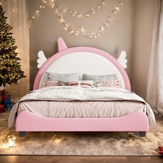 Twin Size Unicorn Headboard Bed, White+Pink