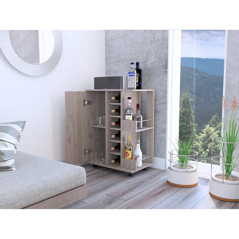 Bar Cart, Two External Shelves, Four Casters, Six Built-in Wine Rack, Single Door Cabinet -Light Gray