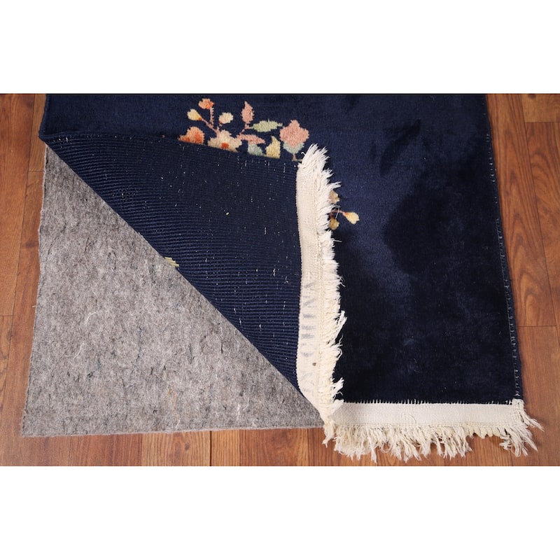 Navy Blue Floral Art Deco Chinese Accent Rug Hand-Knotted Wool Carpet - 2'0"x 3'11"