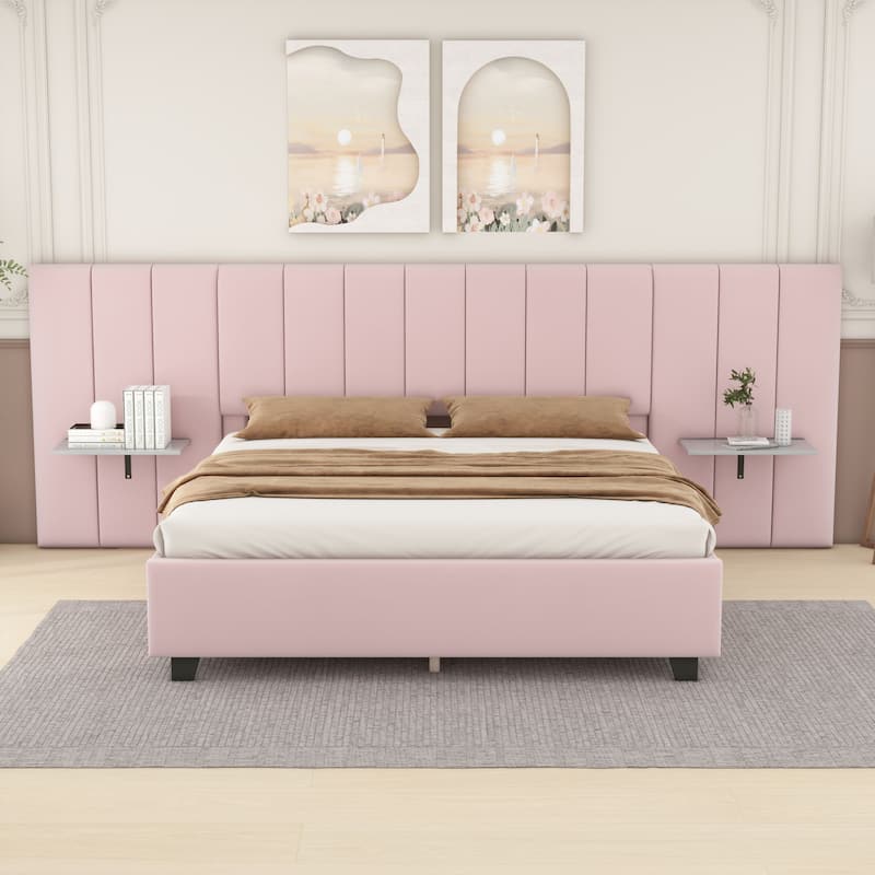 Velvet Upholstered Platform Bed - Pink - Queen