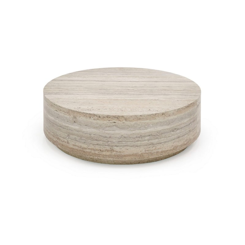 Lia 39 Inch Coffee Table, Round Travertine Stone Finish Laminated Top