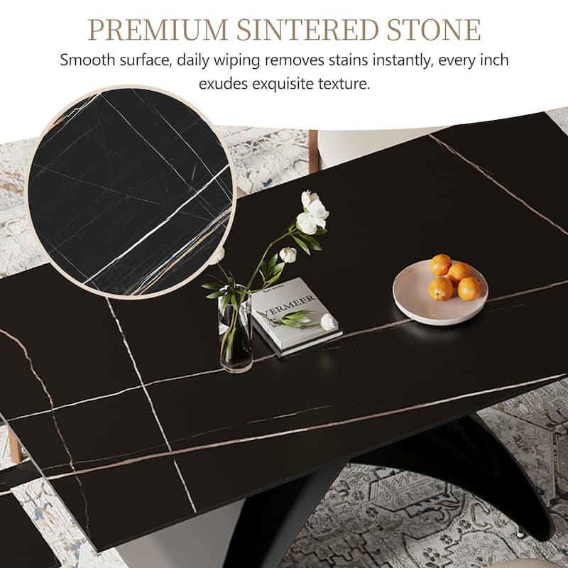 63-95"Extendable Modern Dining Table for 6-10, Black Sintered Stone Tabletop