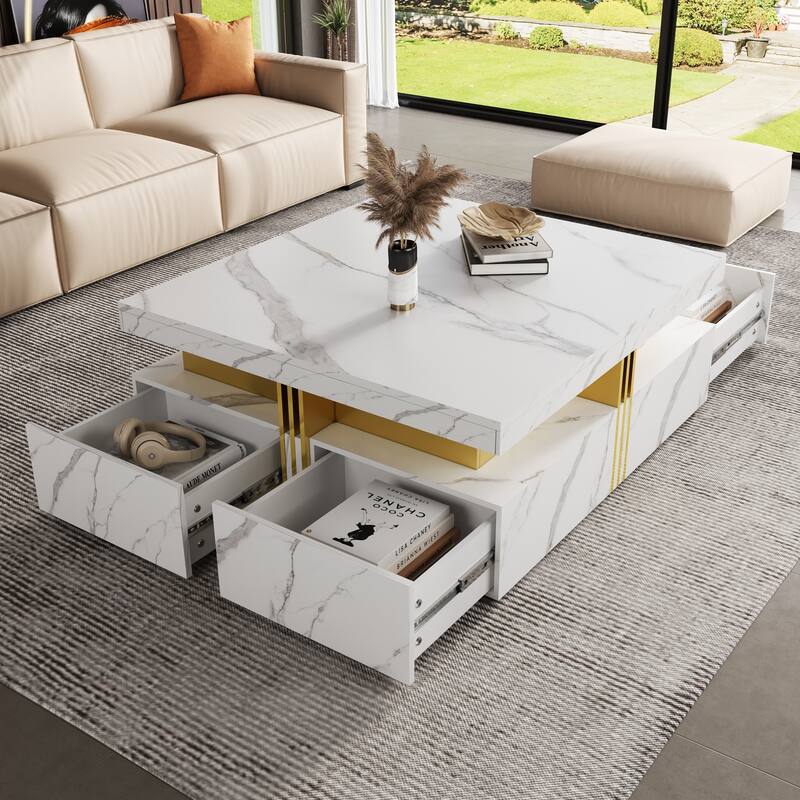 Roomfitters Modern Square Coffee Table, 4 Hidden Storage Compartments with Gold Accents, Contemporary Living Room Center Table
