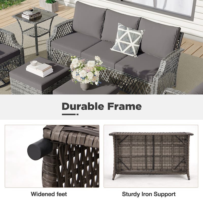Outdoor Wicker Patio Set w Swivel Chairs & Sofa, Ottomans and Tables, Modular 3/5/6/7-Piece, All-Weather Conversation Set.