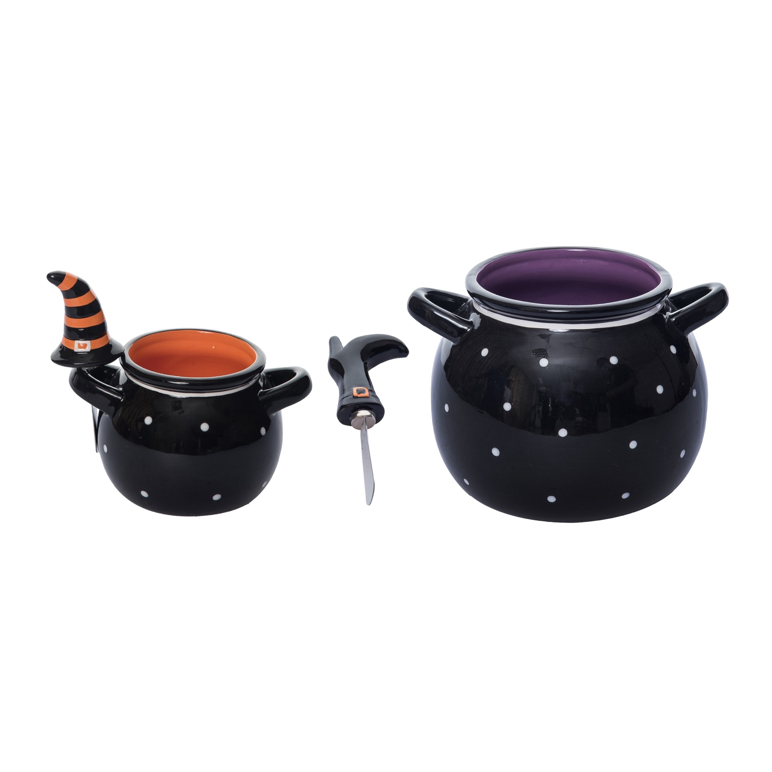 Transpac Dolomite 7.5 in. Black Halloween Cauldron Dip Bowl with Spreaders Set of 2