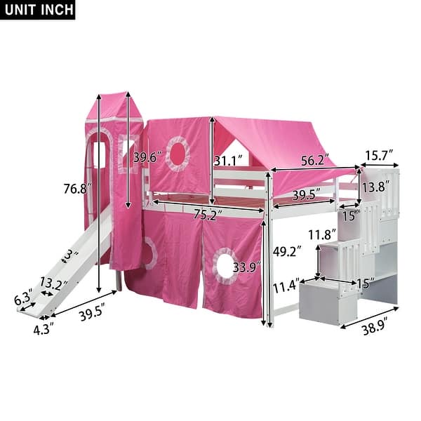dimension image slide 0 of 4, Castle Style Loft Bed with Tent and Tower, Kids Playhouse Solid Wood Bunk Bed with Storage Stairs and Slide for Boys Girls