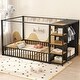 preview thumbnail 1 of 23, Twin/Full Size House Floor Bed with Wardrobe and Storage Shelves, Metal Canopy Bed Montessori Bed with Fence Guardrails Full