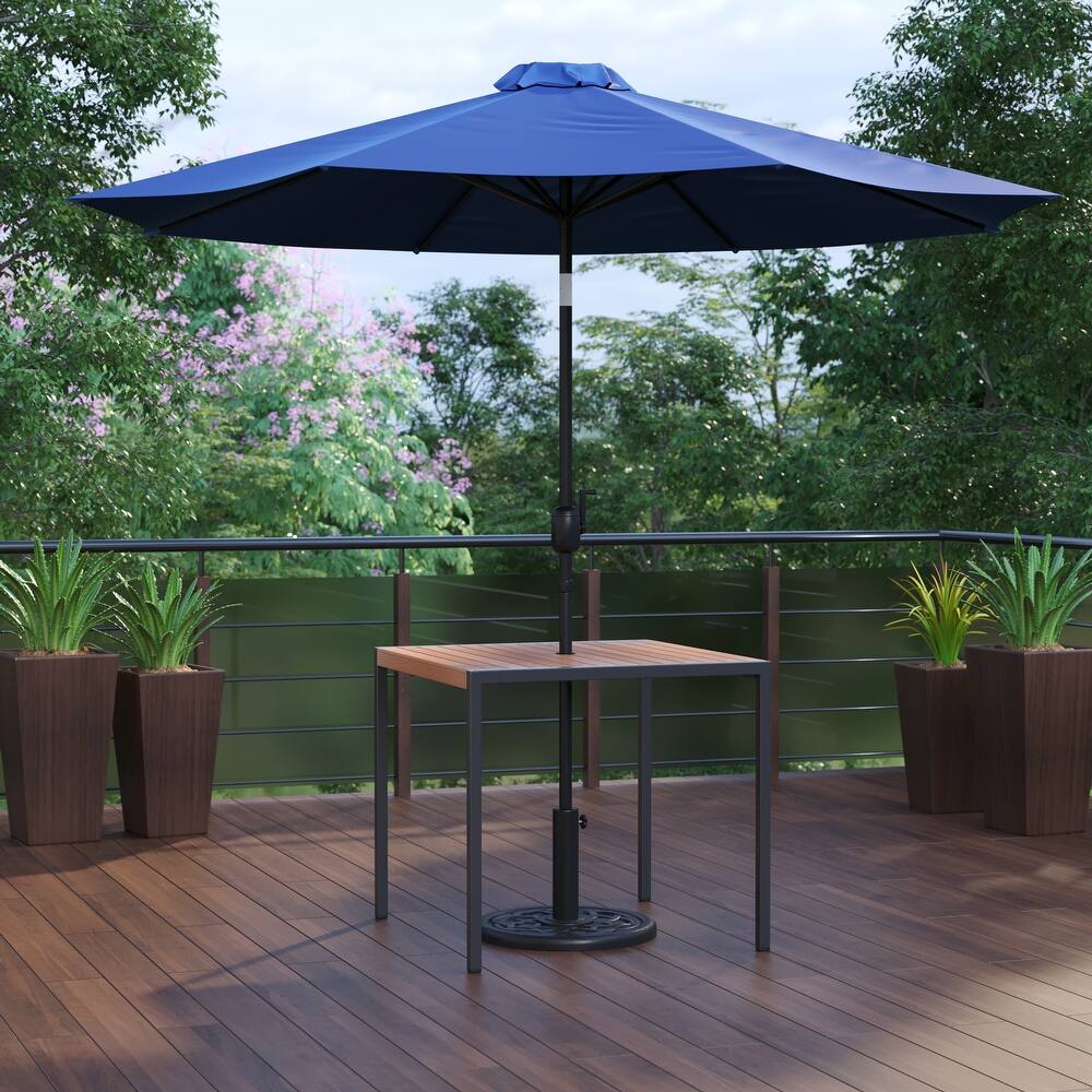Black Steel Framed 35" Square Faux Teak Patio Table-Tan 9FT Patio Umbrella-Base