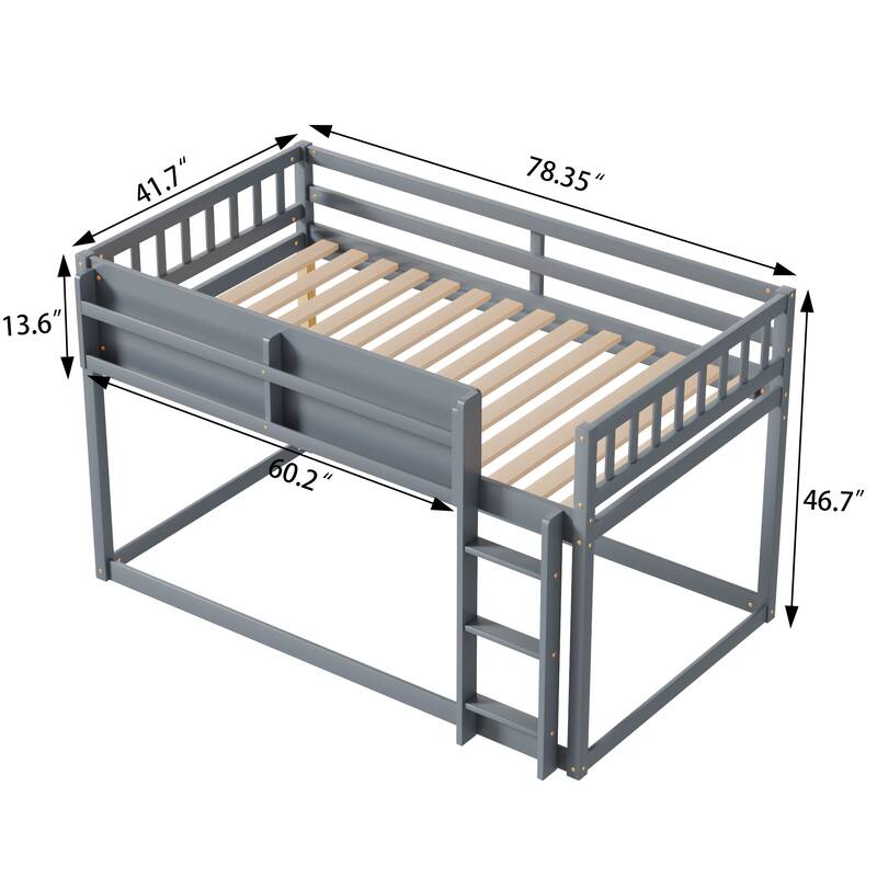 Roomfitters Twin Over Twin Bunk Bed, Low Floor Loft Platform Bed and Shelf with Wooden Frame for Bedroom