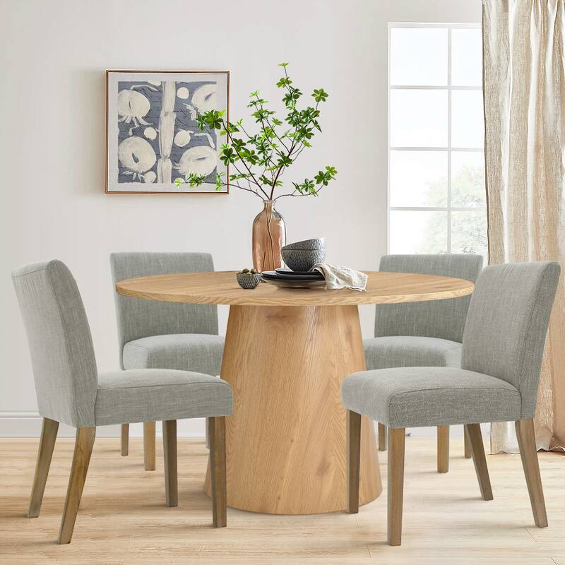 5-Piece Round Dining Set with Pedestal Table and Upholstered Chairs - Grey