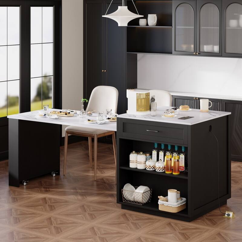 31.5'' Kitchen Island with Extendable Dining Table for 4-6 Person, Power Outlet, Open Shelves and 2 Drawers