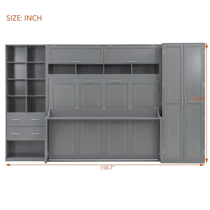 Queen Size Murphy Bed with Built-In Wardrobe and Storage Drawers - Space-Saving Foldable Design