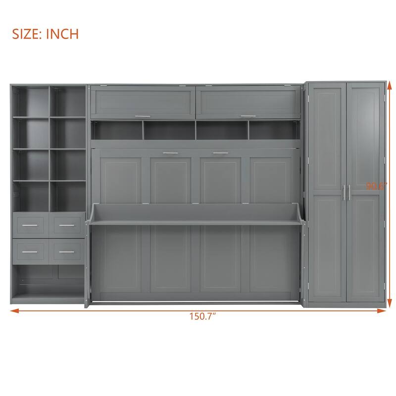 Queen Size Murphy Bed with Side Wardrobe & Flip Design, Foldable Wooden Wall Bed with Storage Drawers & Shelf for Home Office