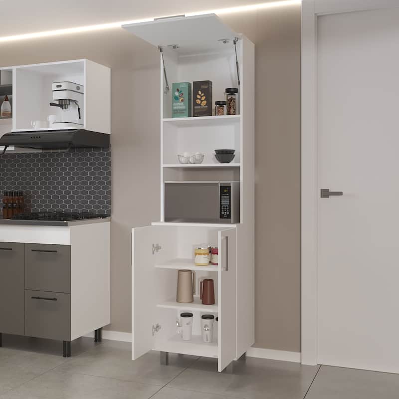 Kayenta Kitchen Pantry with 2 Pneumatic Door, Open Storage, and Bottom Cabinet, White.