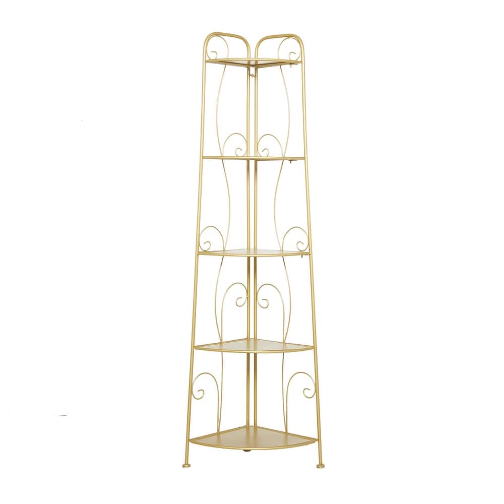 Metal Scroll Indoor Outdoor Tall Folding 5 Shelves Bakers Rack - Gold or White - Roche River Decor