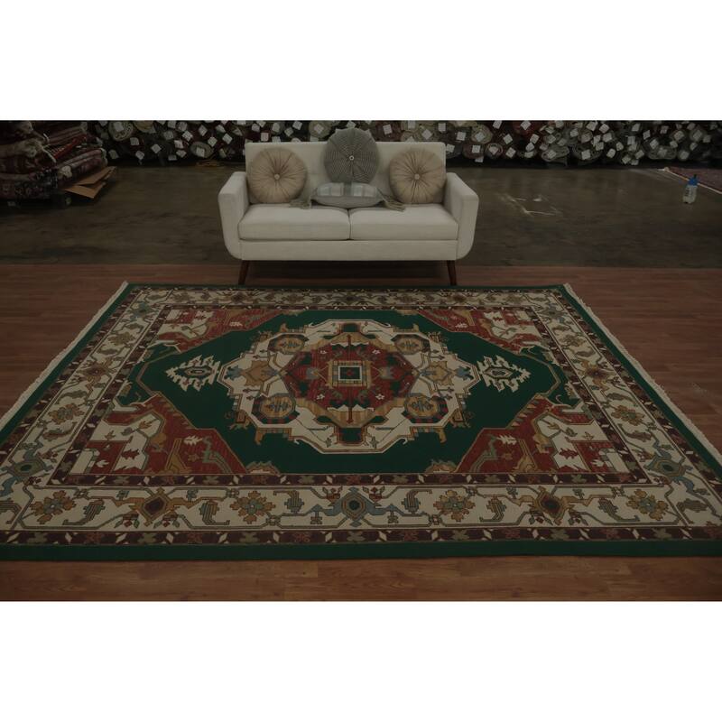 Hand Knotted Oriental 100% Wool Carpet Traditional Medallion Green Sumak Area Rug - 9' 9'' X 7' 11''