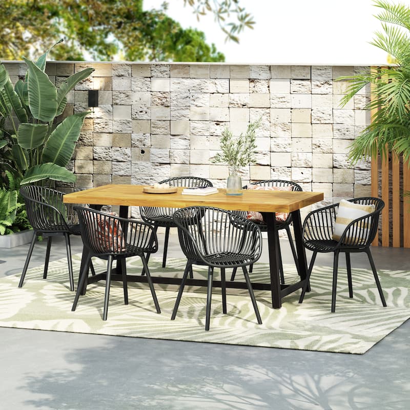 Patricia Outdoor 7-Piece Dining Sets Acacia Wood Table with Polypropylene Accent Chairs by Christopher Knight Home
