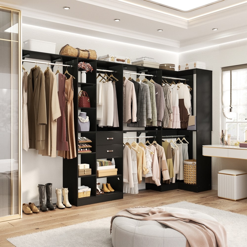 Navada 63'' - 127.5'' Closet System with Hanging Rods, Set of 2 Corner Closet Organizer with Drawers and Shelves