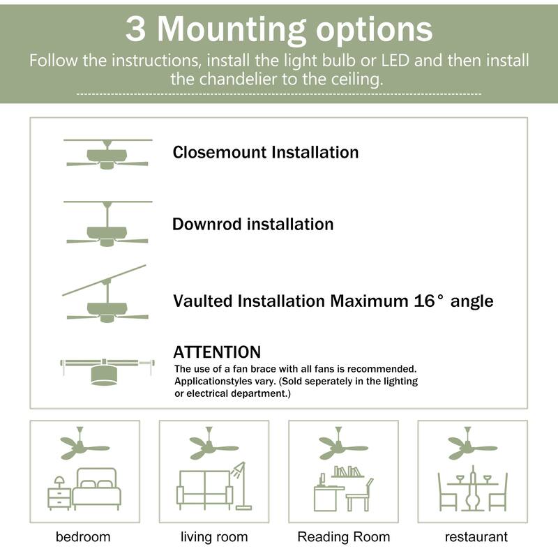 52 Inch Ceiling Fan with Light and Remote, Indoor/Outdoor Wood Ceiling Fan with 3 Blades, Noiseless Reversible DC Motor