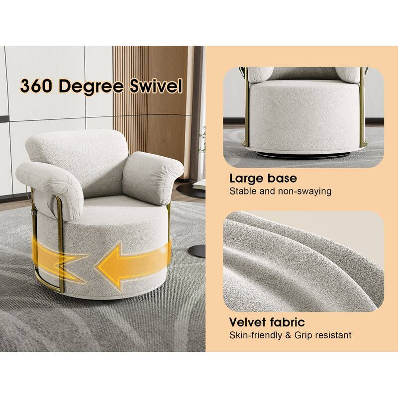 Barrel Swivel Chair with Gold Metal Base - Plush Boucle Fabric Round Accent Armchair for Living Room or Bedroom