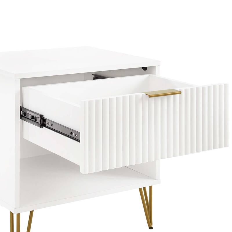 20-Inch White Fluted Nightstand with Gold Metal Handles and Legs