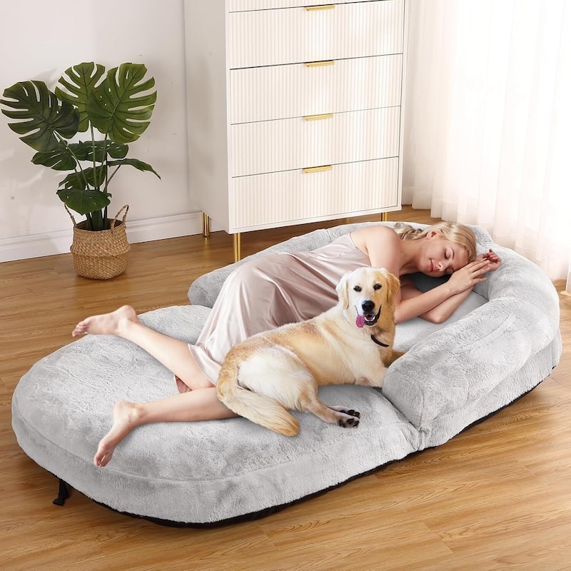 Foldable Nap Sofa, Human Giant Oval Dog Bed for Adults & Pets - Light Grey
