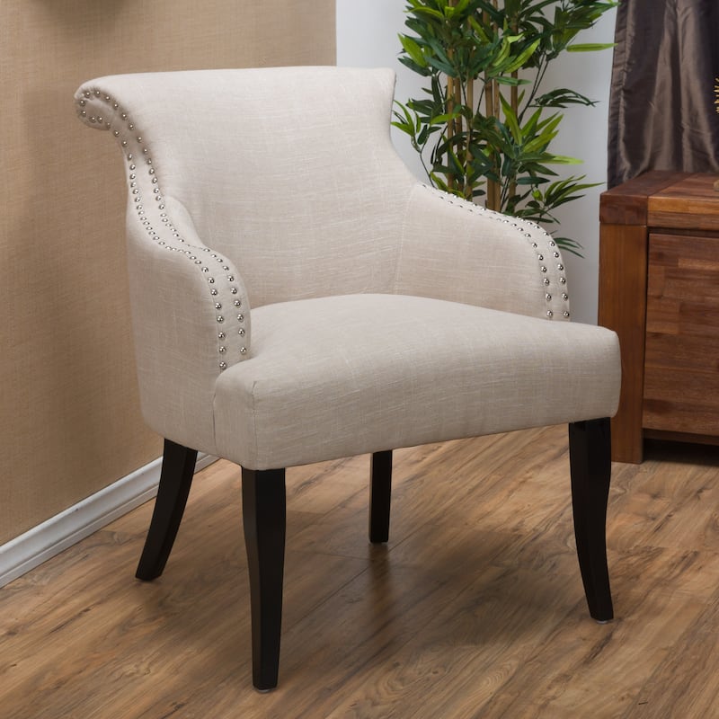 Roomfitters Upholstered Accent Chair with Curved Backrest and Nailhead Trim, Armless Lounge Chair with Wood Legs, Beige