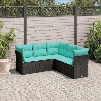 vidaXL 5 Piece Patio Sofa Set with Cushions Black Poly Rattan