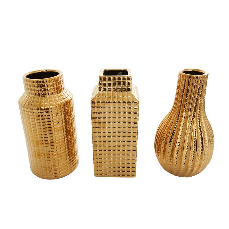 Ceramic Geometric Dimensional Textured Decorative Vase with Varying Shapes - Set of 3 Gold, Silver, Cream - Roche River Decor