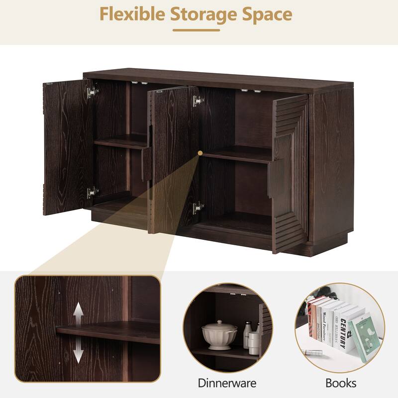 Vintage Distressed 4-Door Sideboard with Adjustable Shelves and Geometric Pattern for Dining Room, Kitchen and Living Room