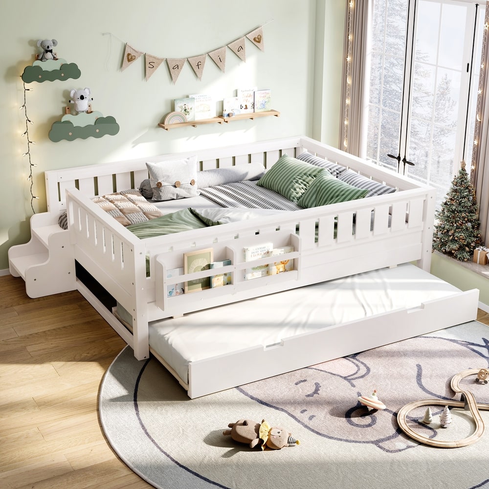 Full/Twin Loft Bed with Bookshelves, Safety Stairs & Trundle