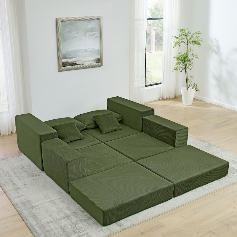 Modular Upholstered Convertible Sectional Sofa with Ottoman & Throw Pillows