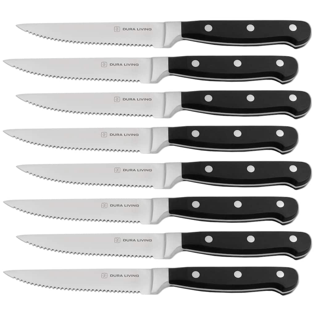 8-Piece Steak Knife Set - High Carbon Stainless Steel Serrated Blades, Ergonomic Handles, Black