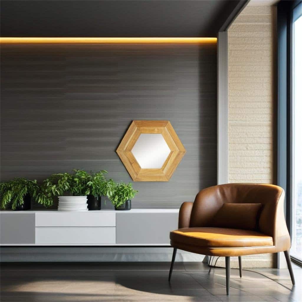 Hexagon Mirror with Natural Wood Frame