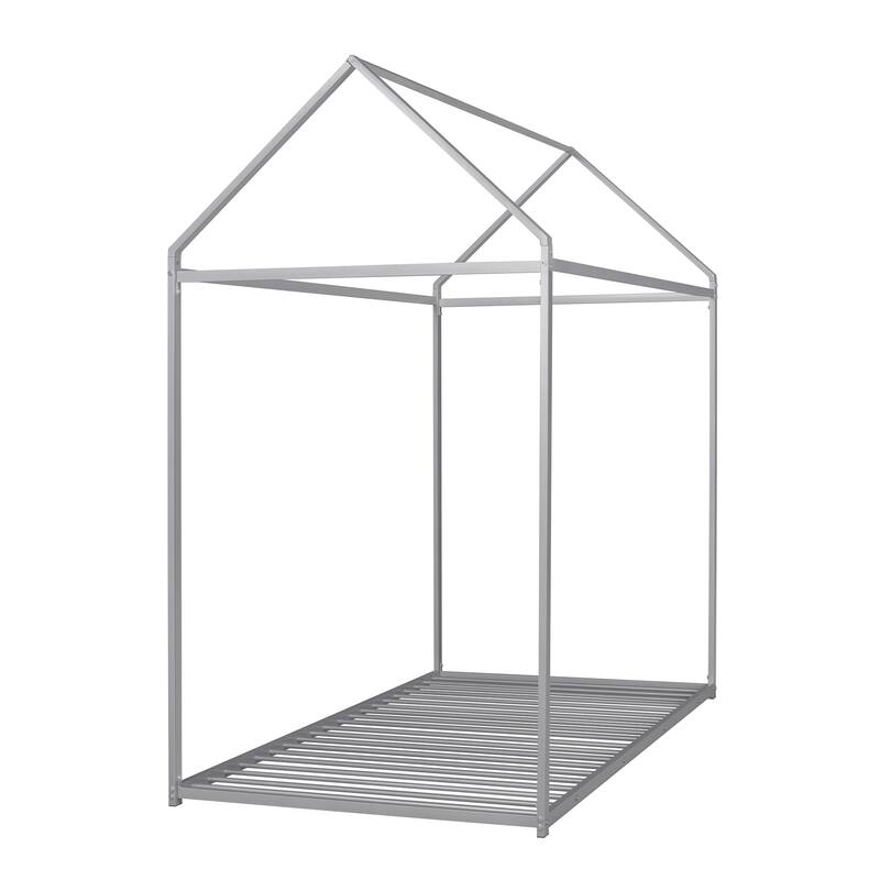Twin Size Metal House Bed for Kids, Floor Bed Frame with Slats