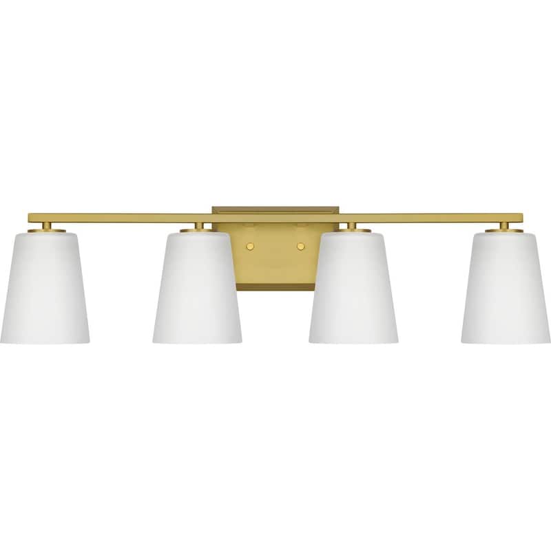 Vertex Collection Four-Light Brushed Gold Etched White Glass Contemporary Bath Light - 29 in x 6.25 in x 7.5 in - 29 in x 6.25 in x 7.5 in