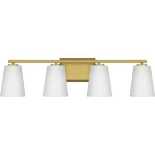 Vertex Collection Four-Light Brushed Gold Etched White Glass Contemporary Bath Light - 29 in x 6.25 in x 7.5 in