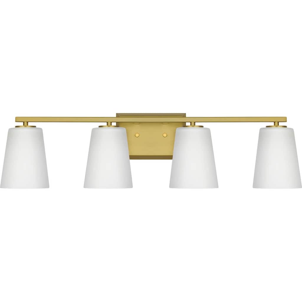 Vertex Collection Four-Light Brushed Gold Etched White Glass Contemporary Bath Light - 29 in x 6.25 in x 7.5 in