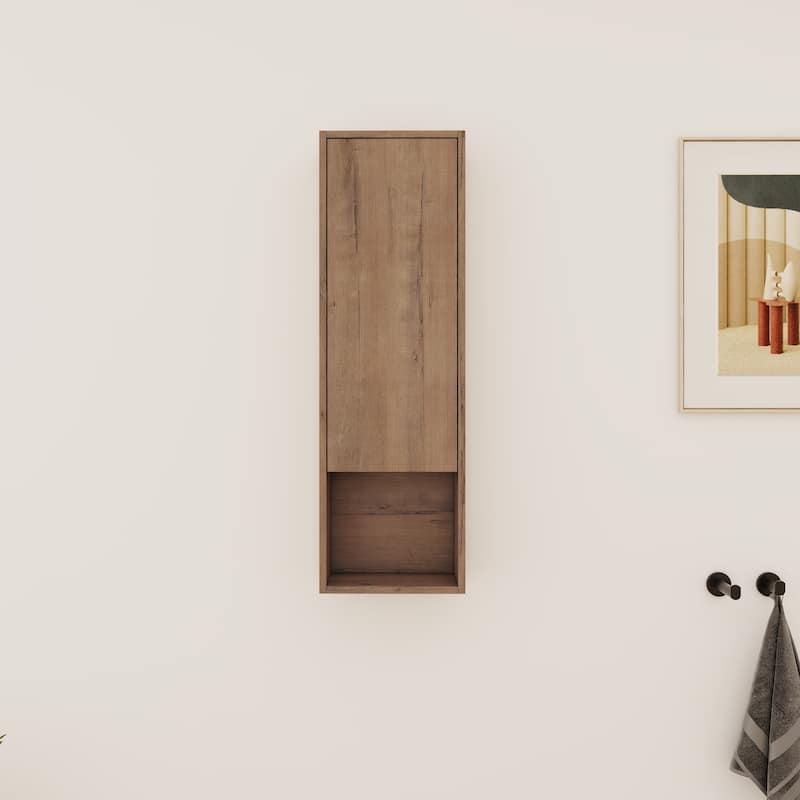 Bathroom Side Cabinet In 12/24 Inch, Floating Side Cabinet With Soft Close Door and Shelf - 11.63''W×5.88''D×37.38''H - Imitative Oak