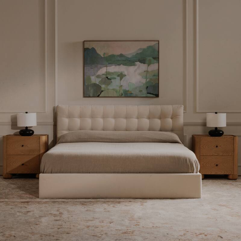 NADAAL STUDIOS Aloura Green Upholstered King Bed with Tufted Headboard and Hydraulic Lift Storage